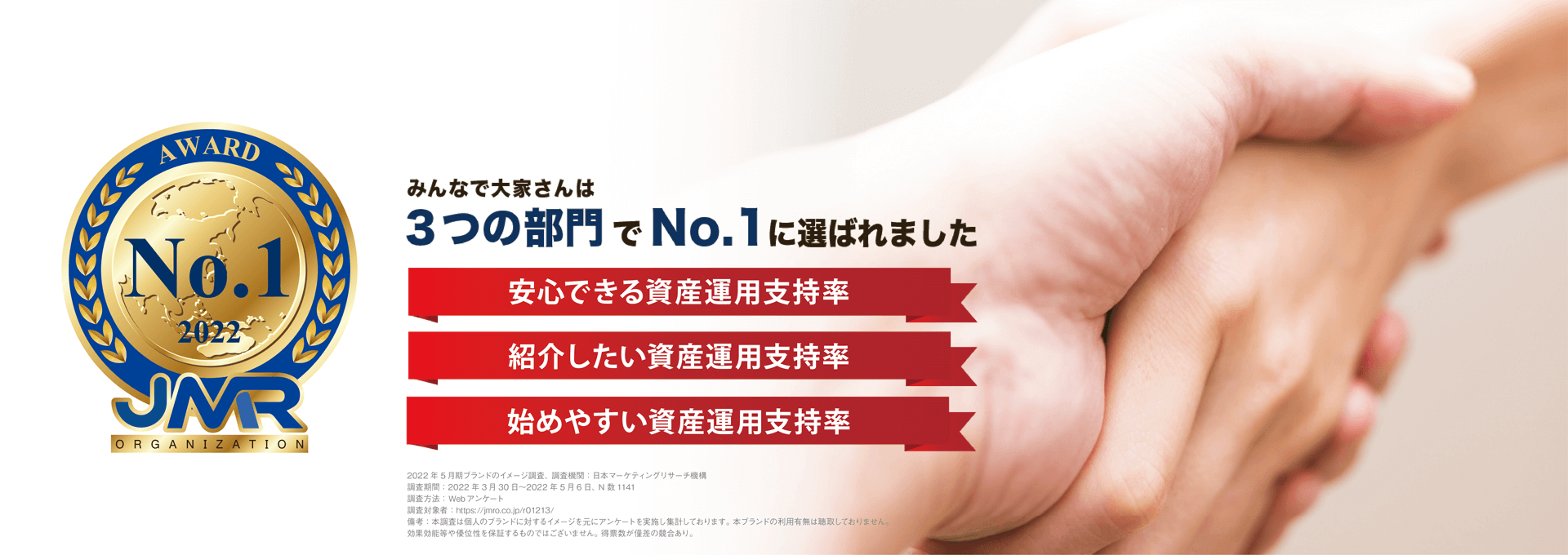 みんなで大家さんは３つの部門でNo.1に選ばれました。安心できる資産運用支持率、紹介したい資産運用支持率、始めやすい資産運用支持率