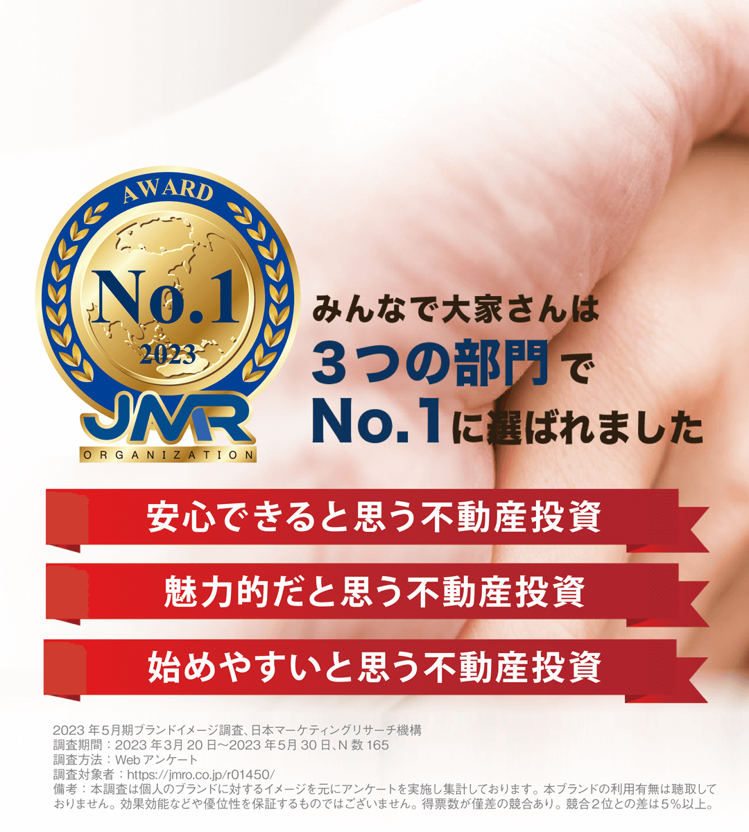 みんなで大家さんは３つの部門でNo.1に選ばれました。安心できると思う不動産投資、魅力的だと思う不動産投資、始めやすいと思う不動産投資