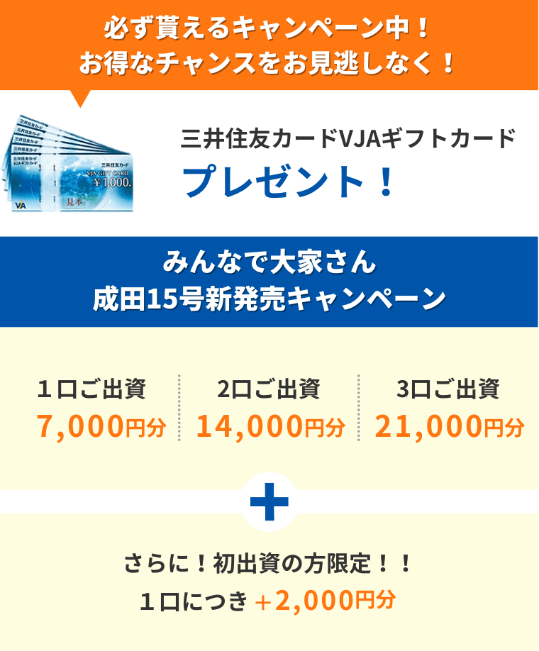 必ず貰えるキャンペーン中！お得なチャンスをお見逃しなく！三井住友カードVJAギフトカードプレゼント！1口ご出資で7,000円分、2口ご出資14,000円分、3口ご出資21,000円分のギフトカードをプレゼント！初出資の方限定で1口につき2,000円分追加でプレゼント