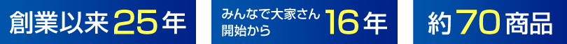 「創業以来25年」「みんなで大家さん開始から16年」「約70商品」