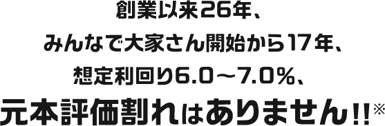 創業以来26年、みんなで大家さん開始から17年、想定年利6.0～7.0%、元本評価割れはありません！！※